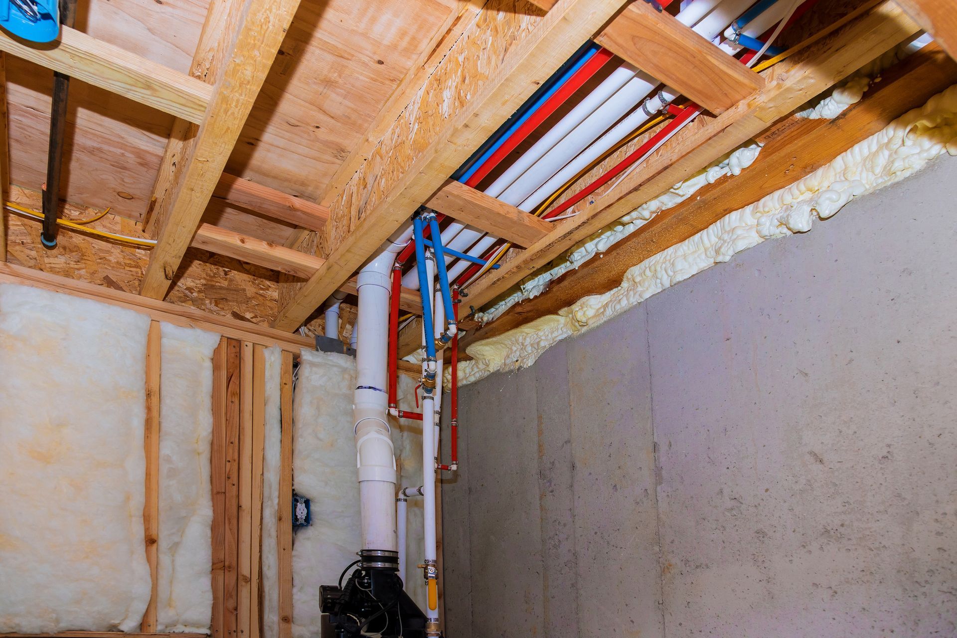 Basement ceiling with exposed wood beams, pipes, and spray foam insulation.