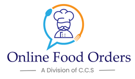 a logo for online food orders with a chef 's hat and mustache in a speech bubble .