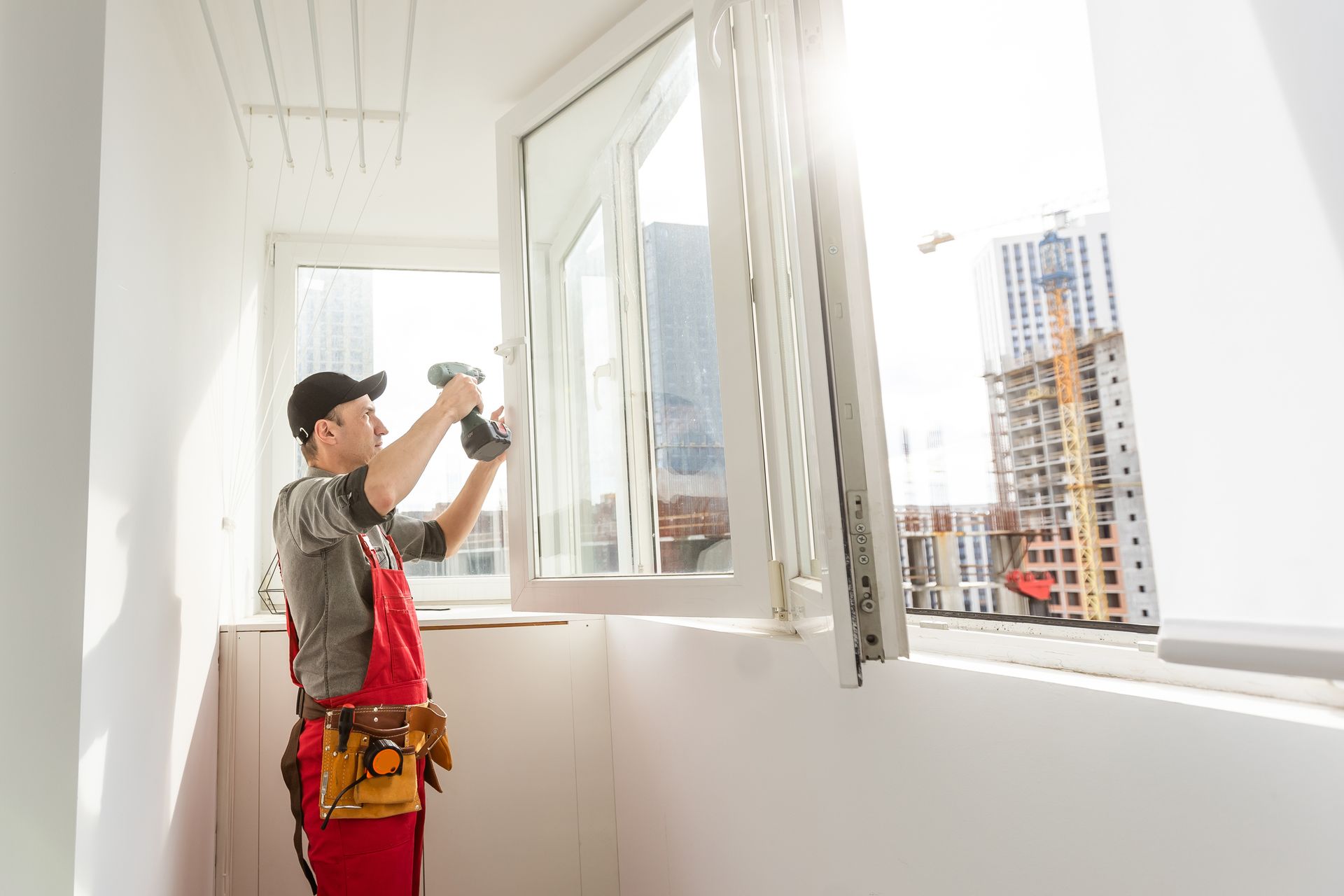 Person using a power drill by an open window in a bright room with city buildings outside