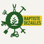 Un logo pour baptiste dezailles montre un arbre entouré d'outils de jardinage.