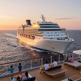 Cruise ship sailing at sunset
