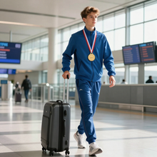 Young athlete traveling through airport