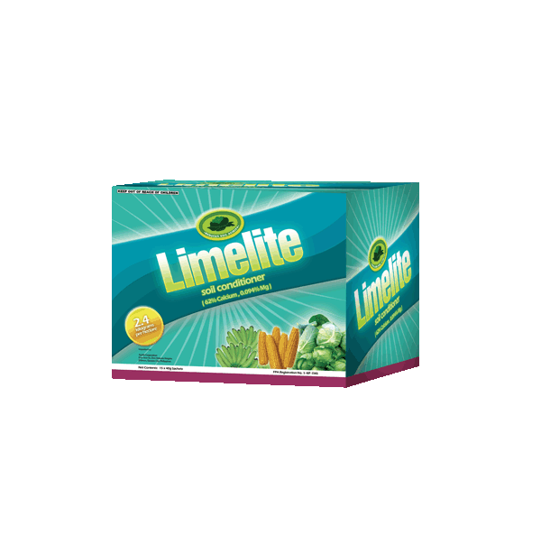 Box of Limelite soil conditioner, with vegetables pictured, turquoise and white.