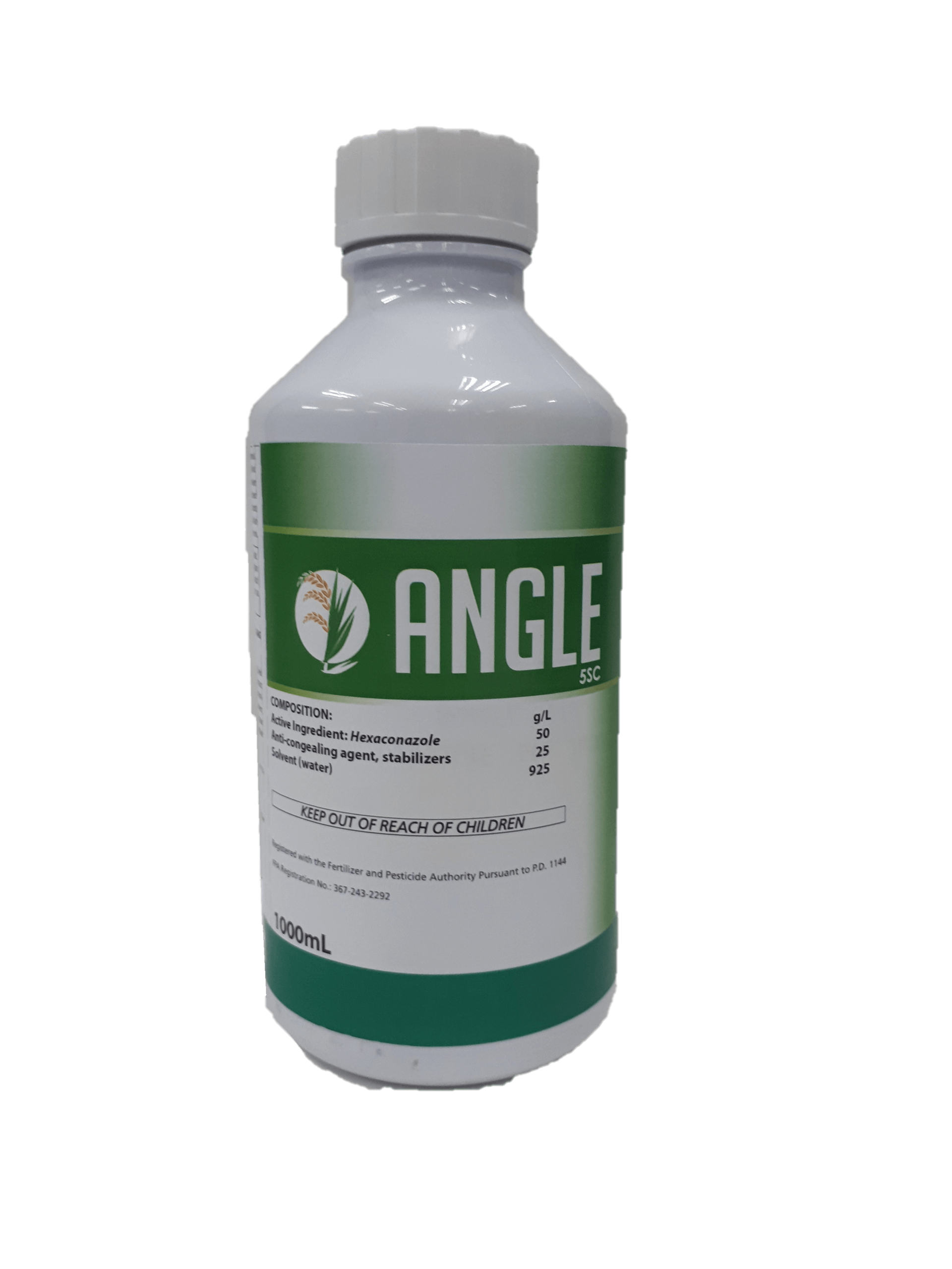 White bottle of Angle weed killer with green label.