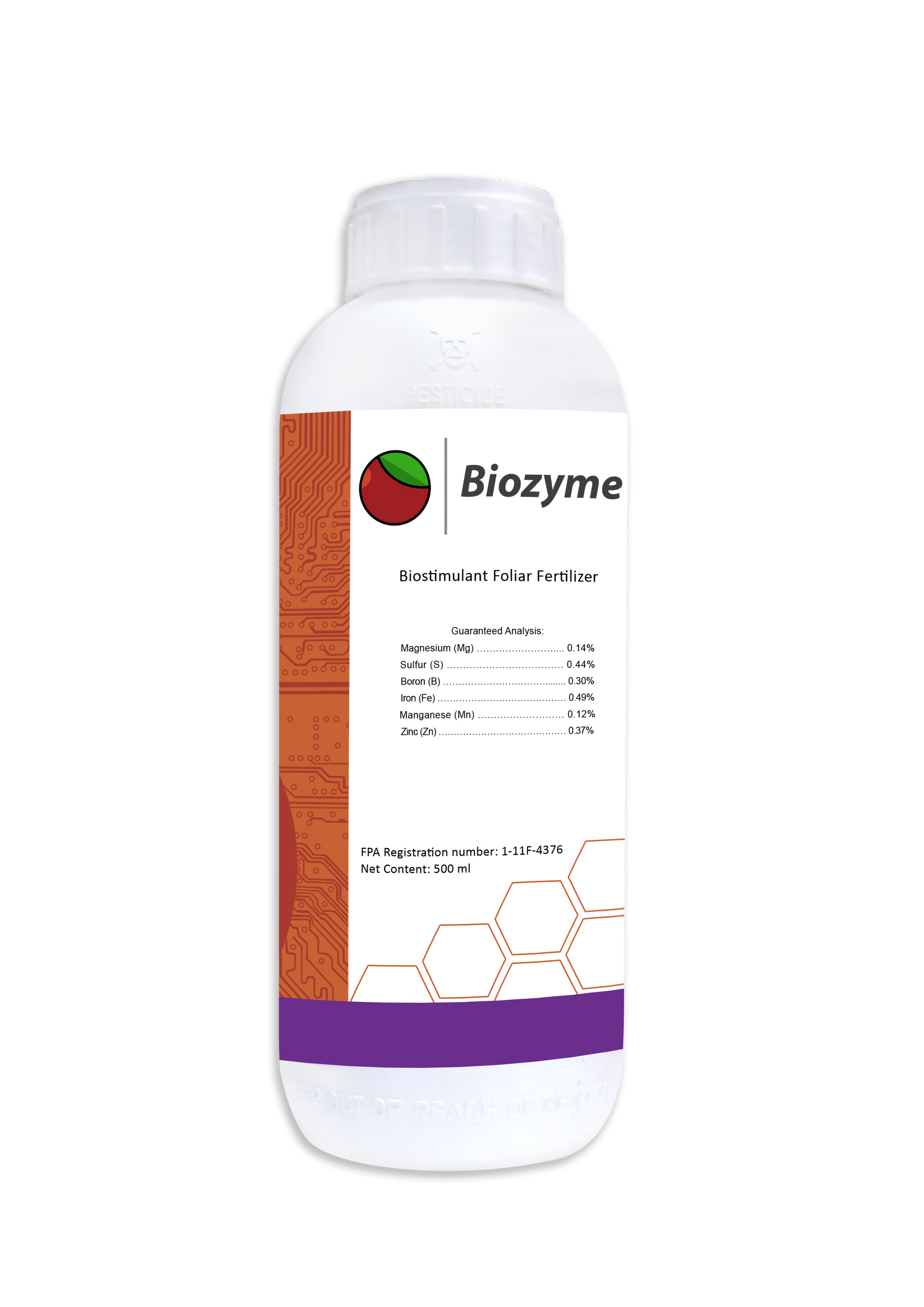 Bottle of Biozyme fertilizer with a white label on a white background.