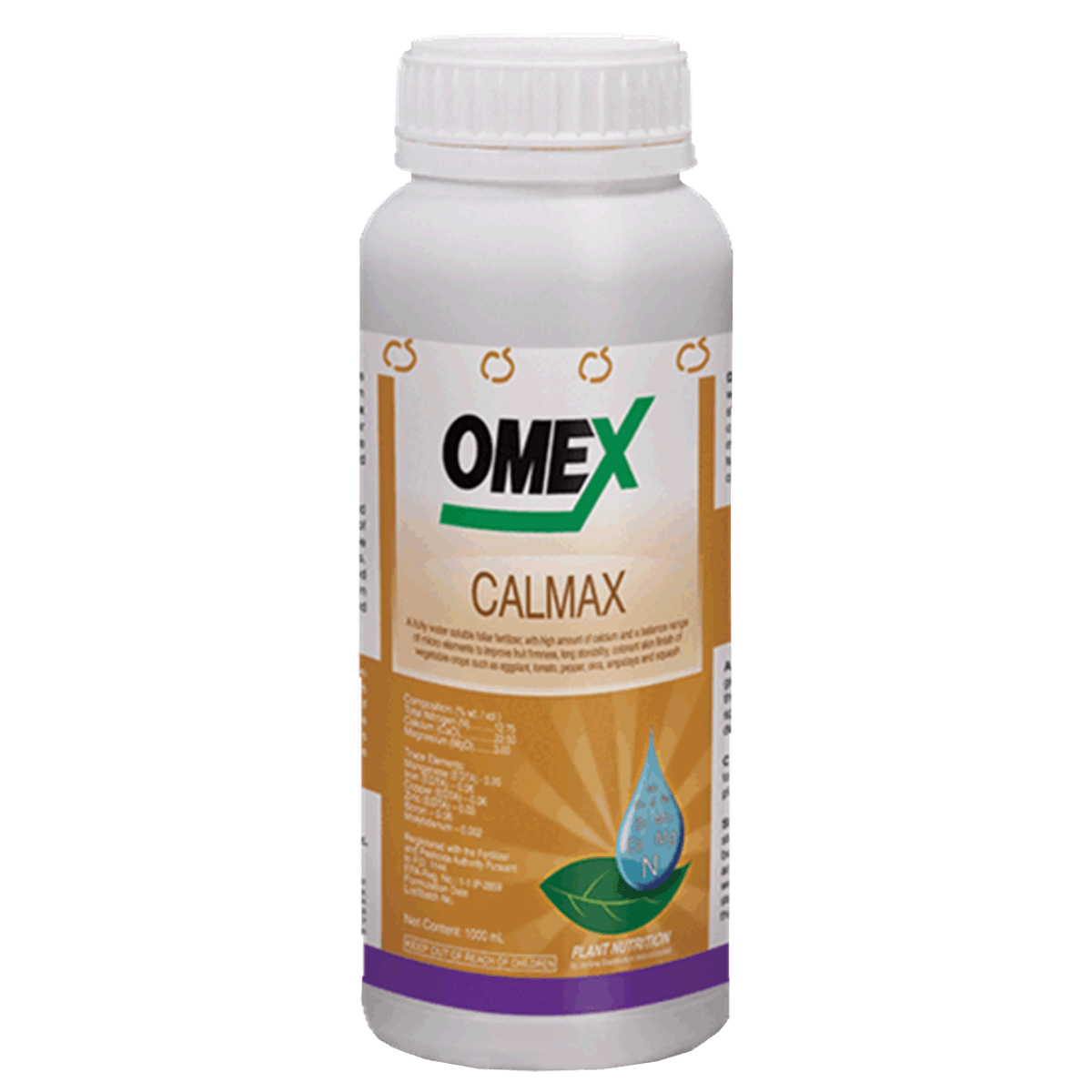Bottle of OMEX Calmax fertilizer. White bottle with green and gold label and a picture of a leaf and water drop.