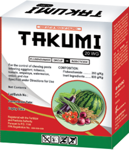TAKUMI 20 WG pesticide box with red, white and green packaging and fruit illustration