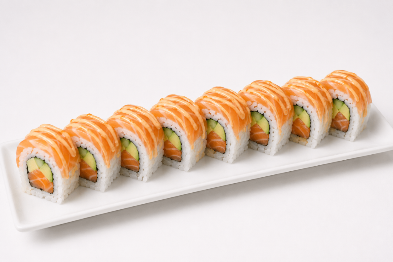 Sushi rolls topped with orange sauce, neatly arranged on a white rectangular plate