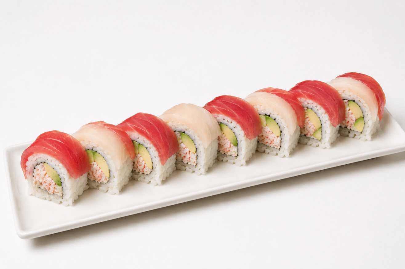 Assorted sushi rolls topped with red and white fish on a rectangular white plate