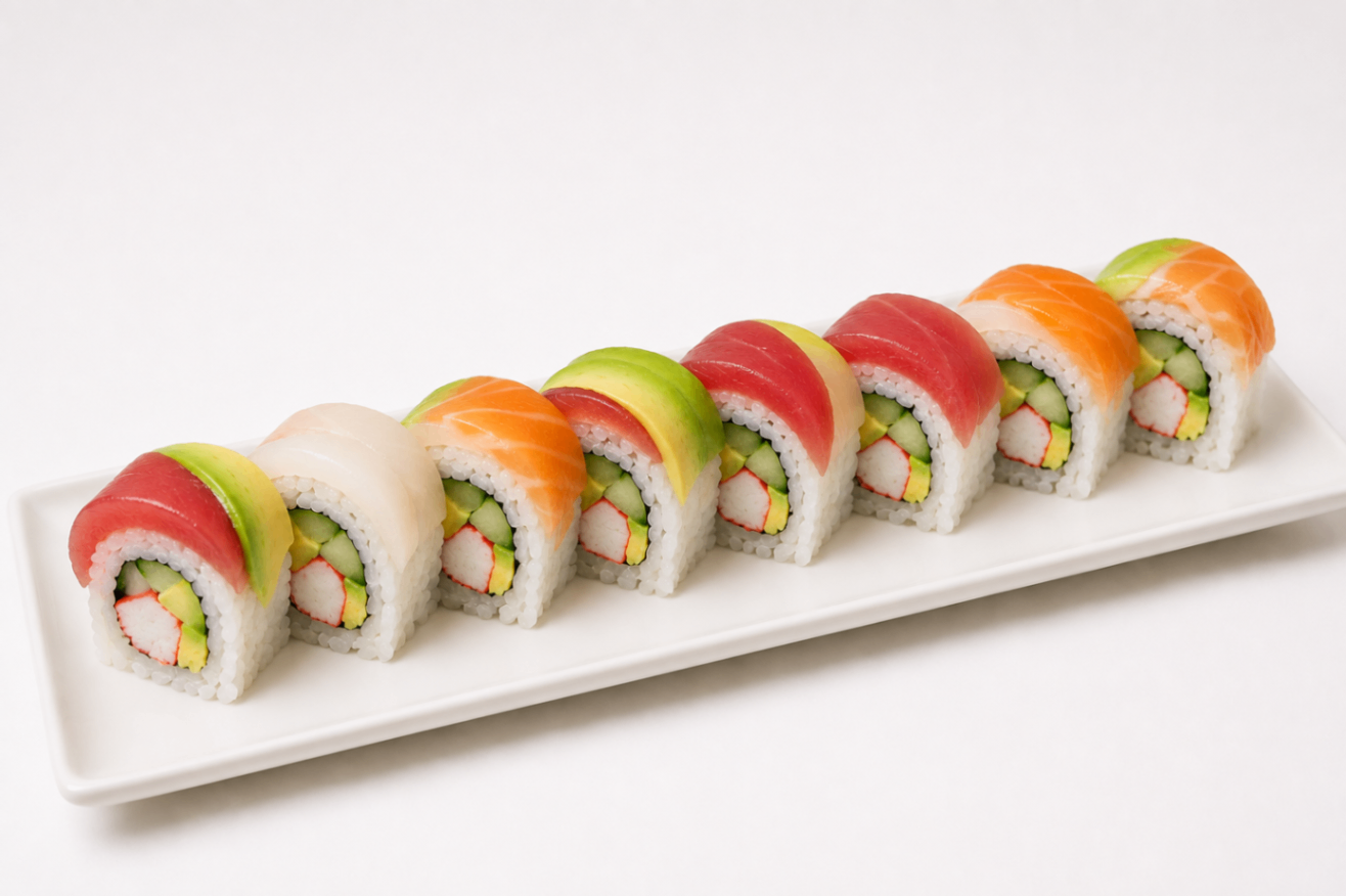 Colorful sushi rolls arranged in a row on a white rectangular plate