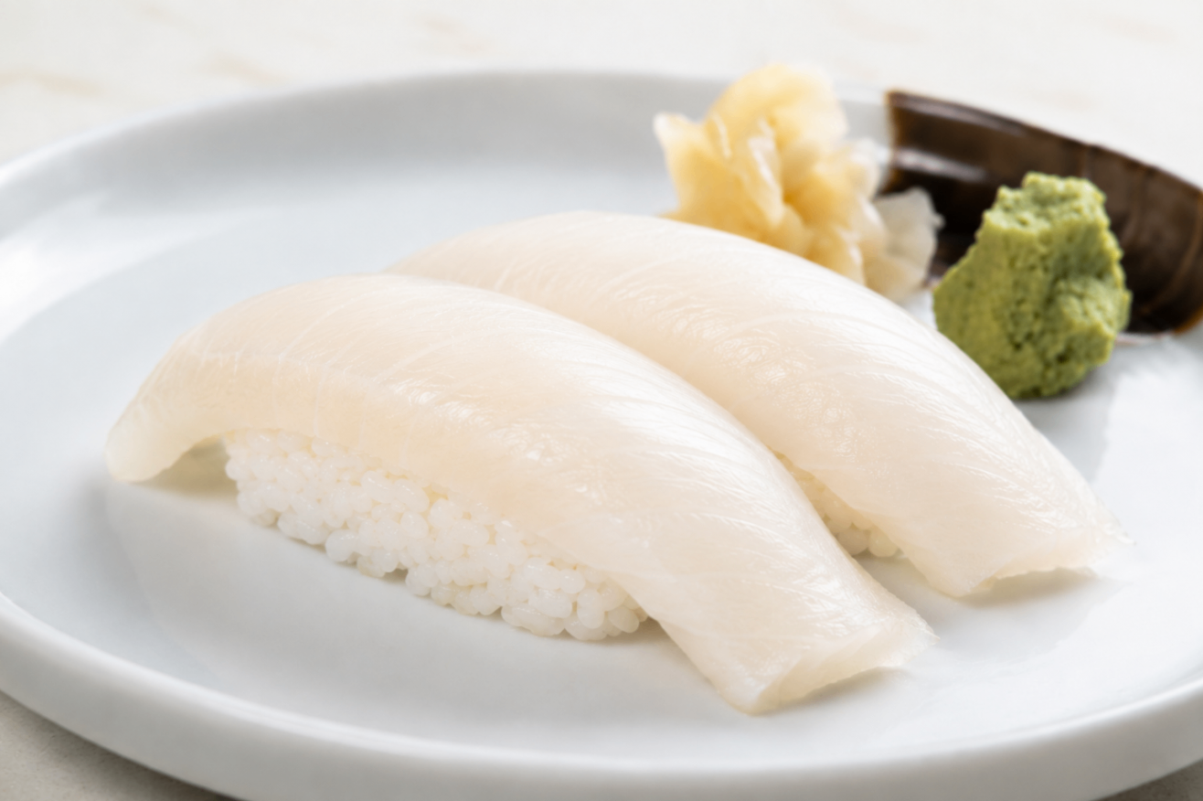 White sushi nigiri on a plate with wasabi and pickled ginger