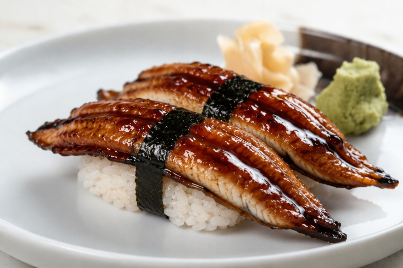 Grilled eel over rice with seaweed garnish on a white plate, with wasabi and pickled ginger on the side