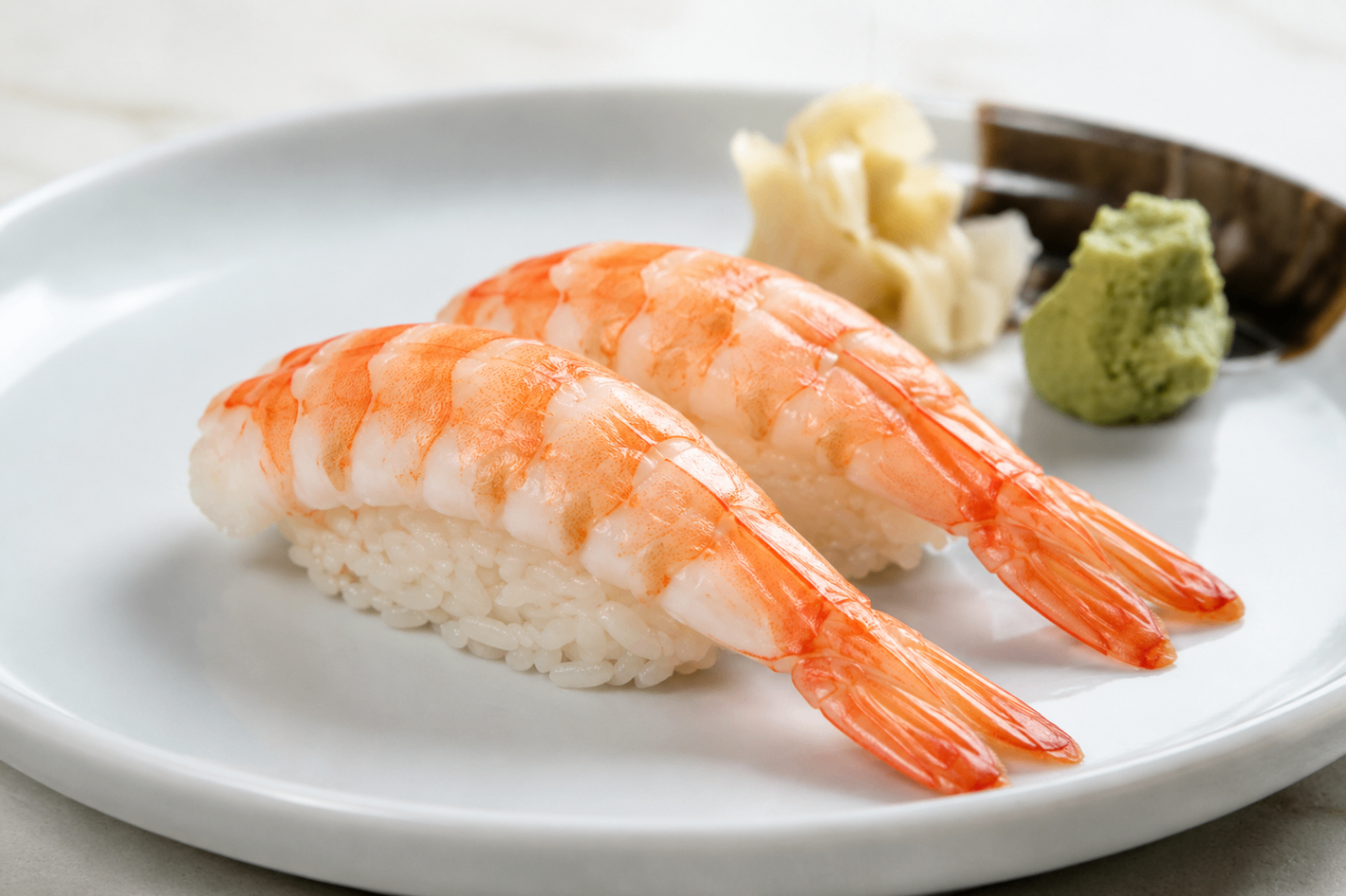 Two shrimp nigiri sushi pieces on a white plate with wasabi and pickled ginger