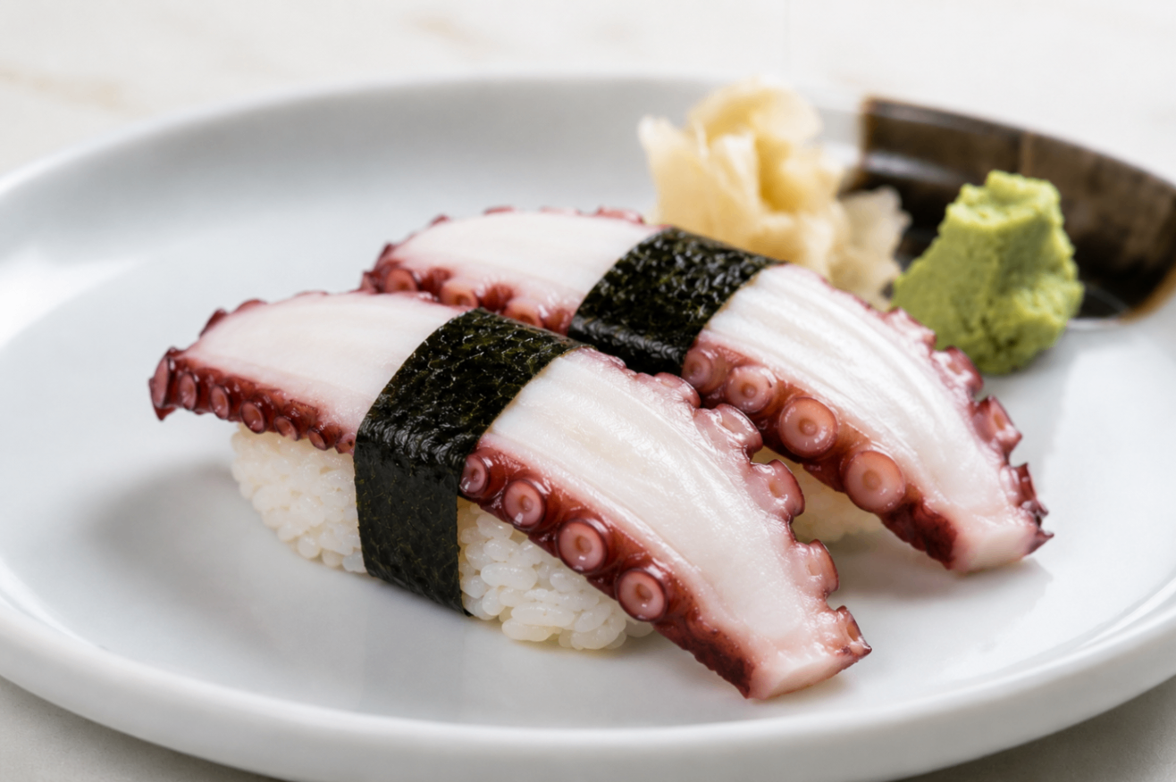 Octopus nigiri sushi on a white plate with wasabi and pickled ginger