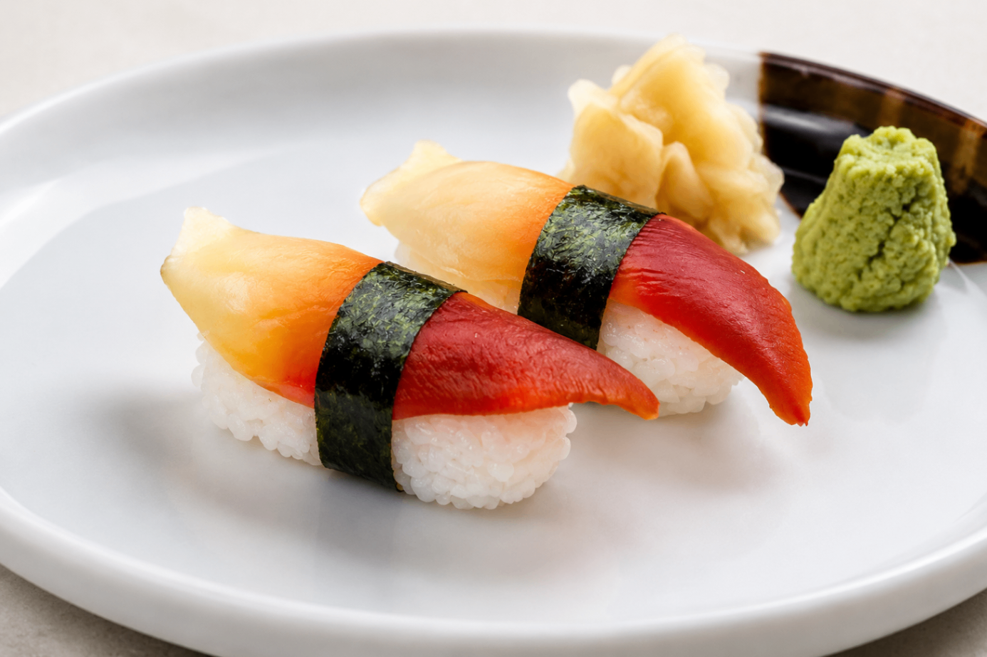 Nigiri sushi on a white plate with wasabi and ginger on the side