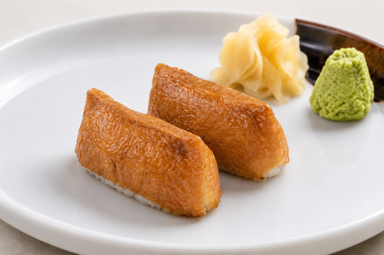 Two golden fried rice cakes on a white plate with grated ginger and wasabi