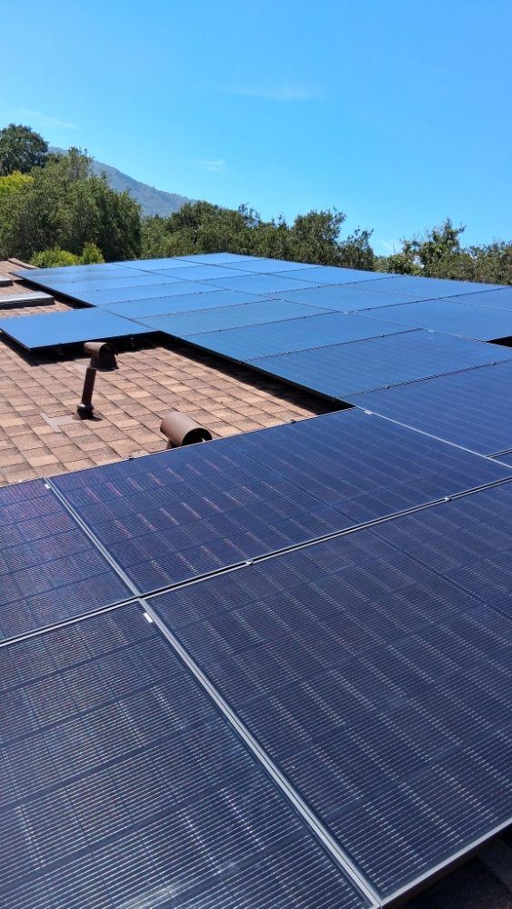 Solar panels installed on a rooftop under a clear blue sky.