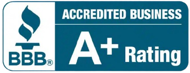 BBB Accredited Business badge with A+ rating in teal, white, and black