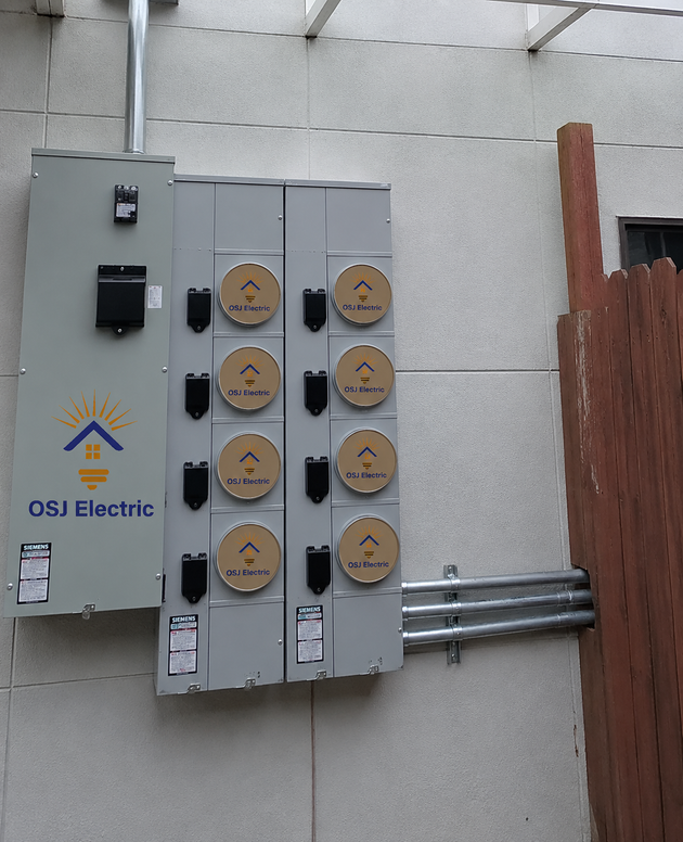 Gray electrical meter panels mounted on an exterior wall with conduit and OSI Electric logo