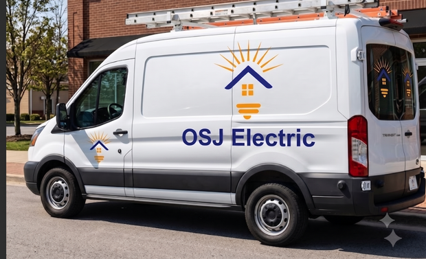 White OSJ Electric service van parked outdoors beside a brick building, with blue logo and ladder on top