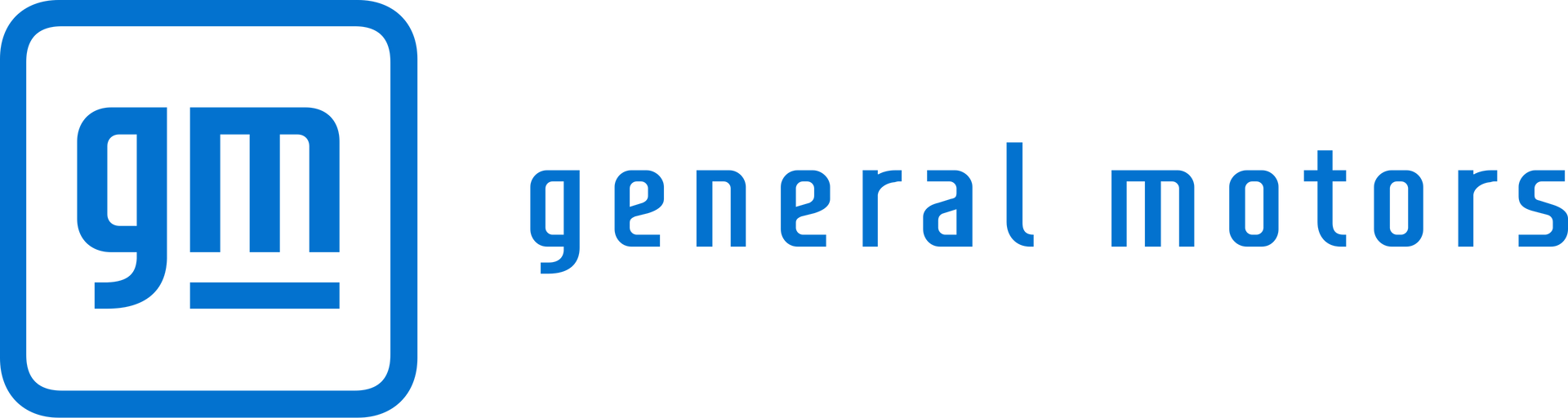 General Motors logo with blue “gm” icon and wordmark on white background