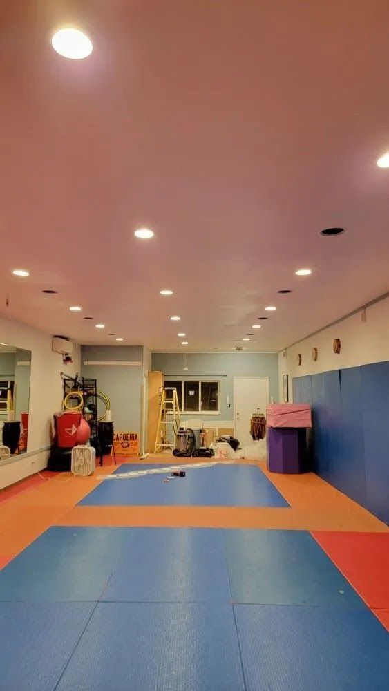Indoor martial arts studio with blue and orange mats, ceiling lights, and equipment along the walls