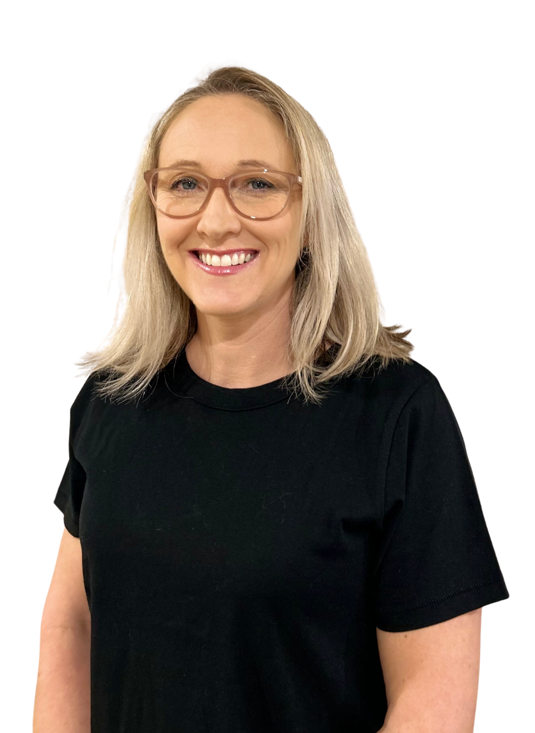 A woman wearing glasses and a black shirt is smiling for the camera.