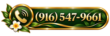 Green and gold decorative banner with phone number (916) 547-9661 and floral accents