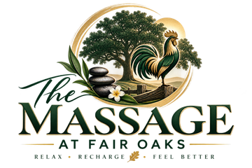 Good Hands Massage The Massage at Fair Oaks logo with stacked stones, flowers, trees, and a rooster in green and gold