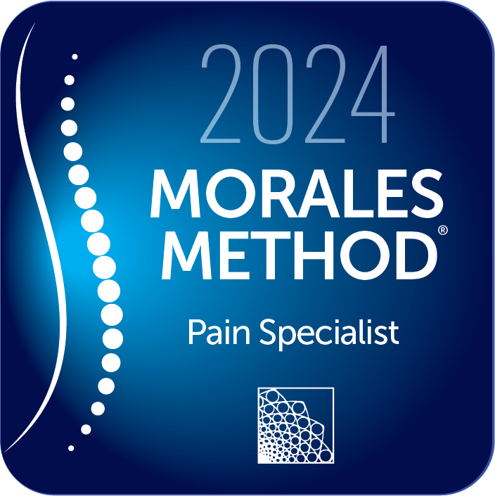 A blue sign that says 2024 morales method pain specialist