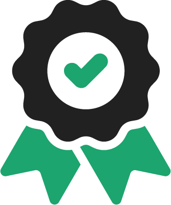Green and black award badge with checkmark symbol.
