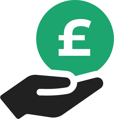 Black hand holding a green coin with a white British pound symbol.