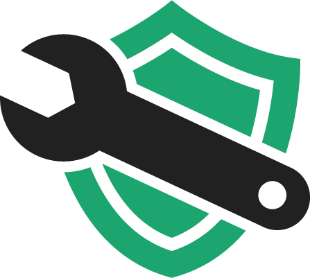 Black wrench superimposed on a green shield, suggesting maintenance or security.