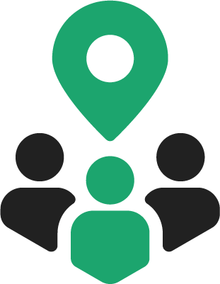 Green location pin above three stylized people, center person green, others black.