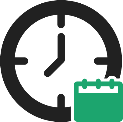 Clock with hands at 7 o'clock and a green calendar, suggesting time management or scheduling.