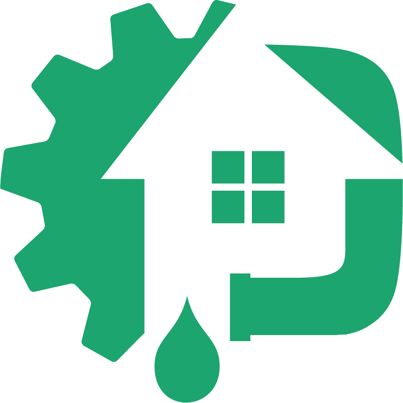 Green logo: gear, house silhouette with window, plumbing pipe, water drop.