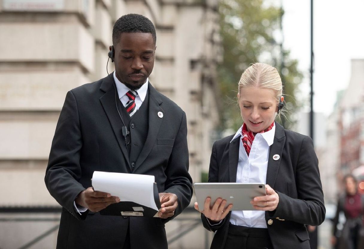 Two people in black suits with headsets, reading documents and tablet outside; buildings in background.