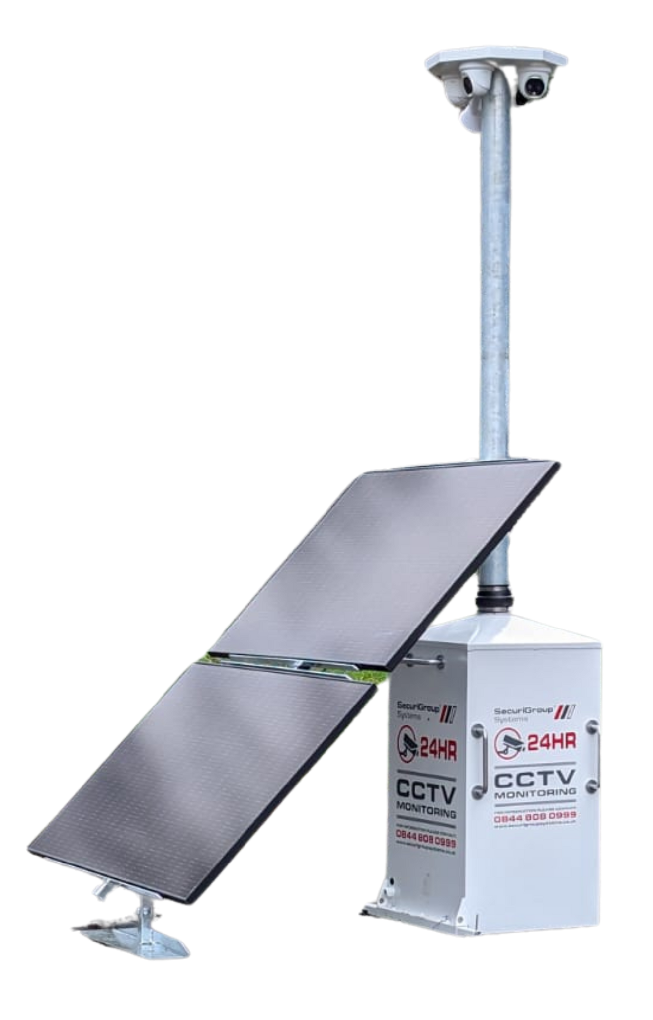 Solar-powered security camera system, mounted on a pole, with a tilted solar panel and a white control box.