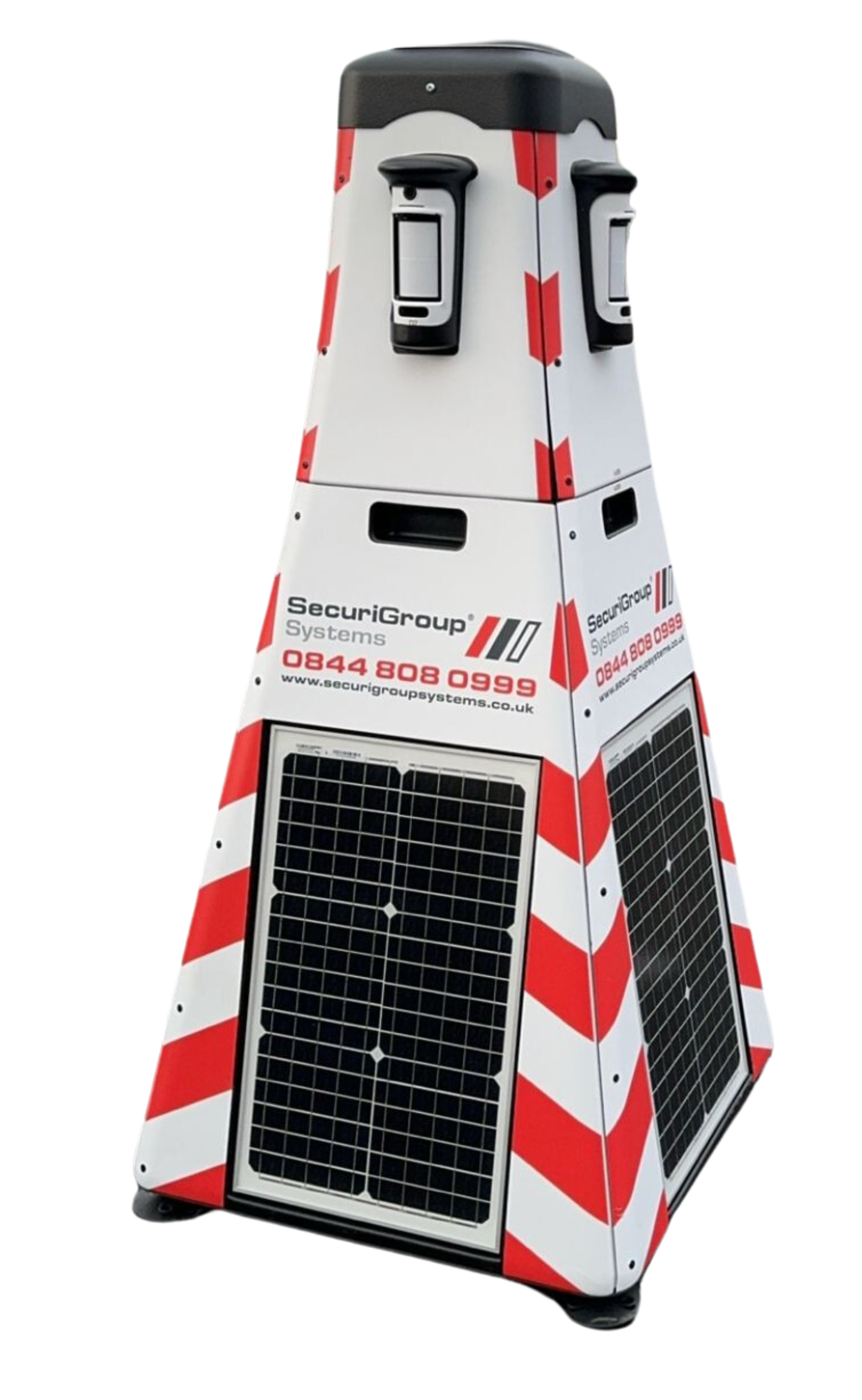 Solar-powered traffic camera tower with red and white stripes and two camera lenses.