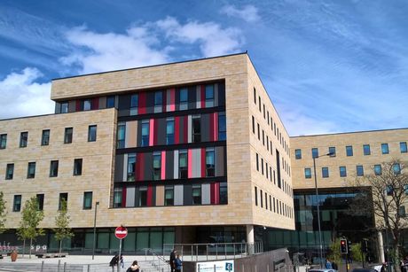 Modern tan brick building with colorful window panels against a blue sky.