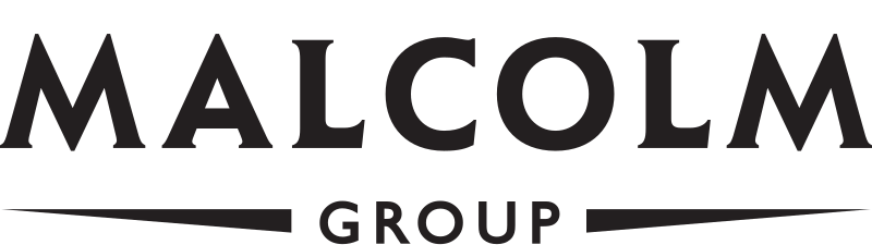 Logo for Malcolm Group. The text is black, with