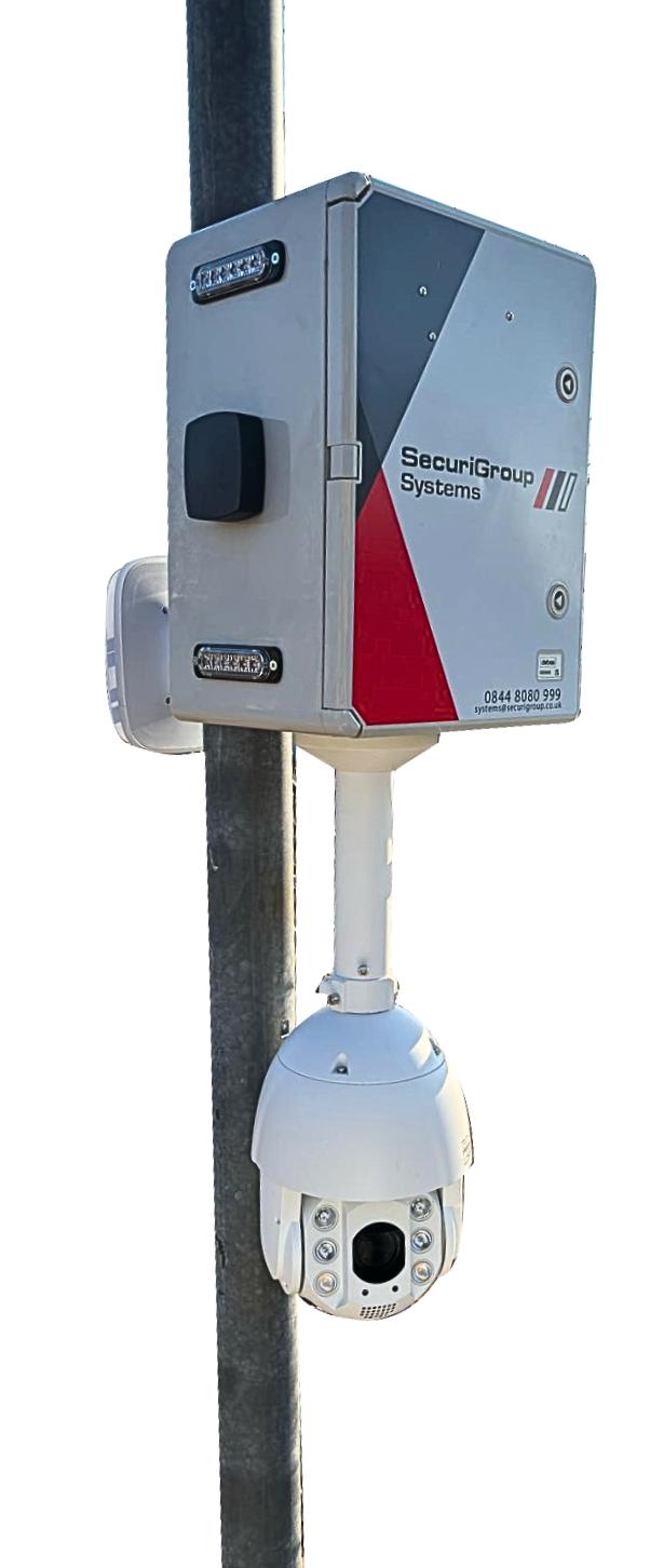 Security camera system mounted on a pole. White dome camera, gray box, and a dark pole.