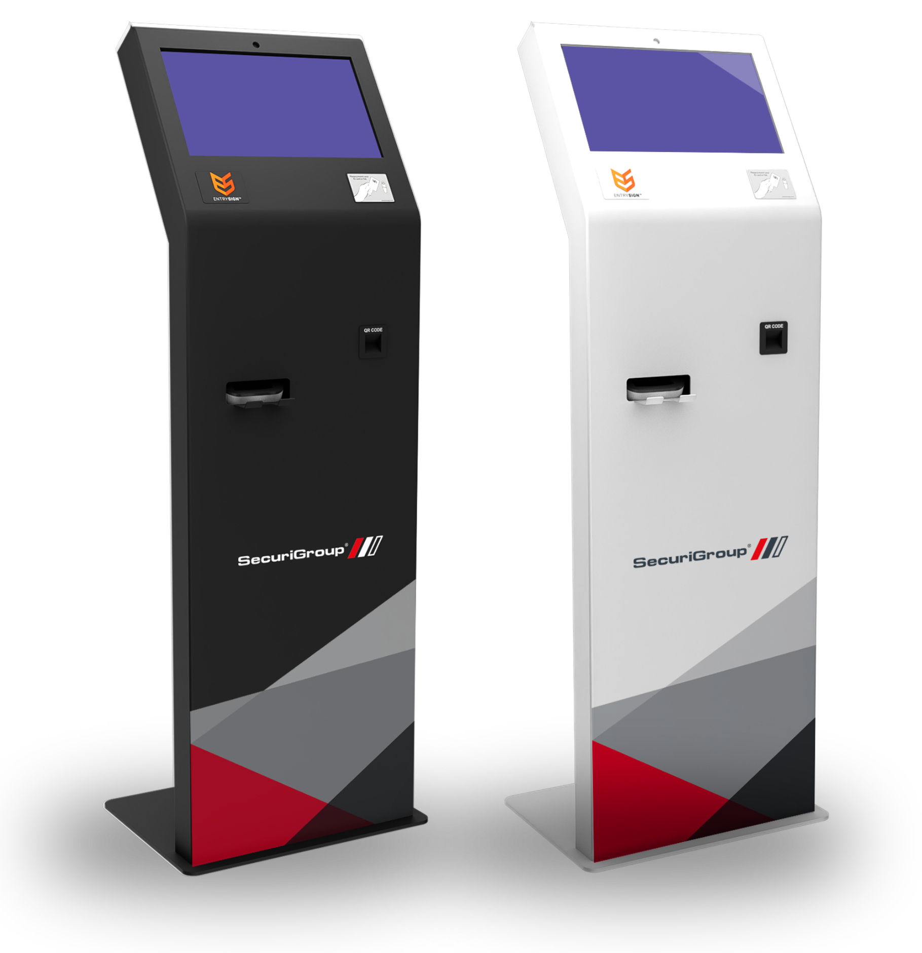 Two information kiosks, one black, one white, with touchscreens and payment slots.