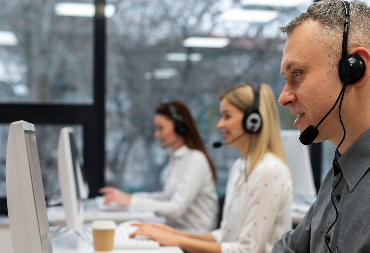 Three people wearing headsets work at computers in an office, near a window.