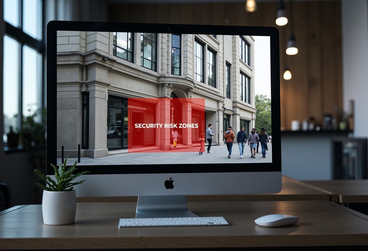 Computer screen displays building facade with a red overlay over the entrance; people walking by.