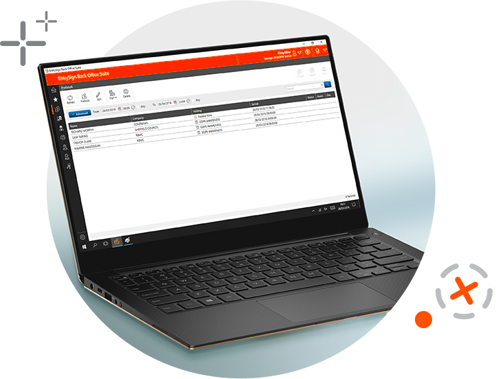 Laptop displaying a table on a website with an orange header, set on a white and blue circular background.