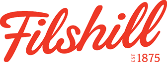 Red Filshill logo, stylized script, 