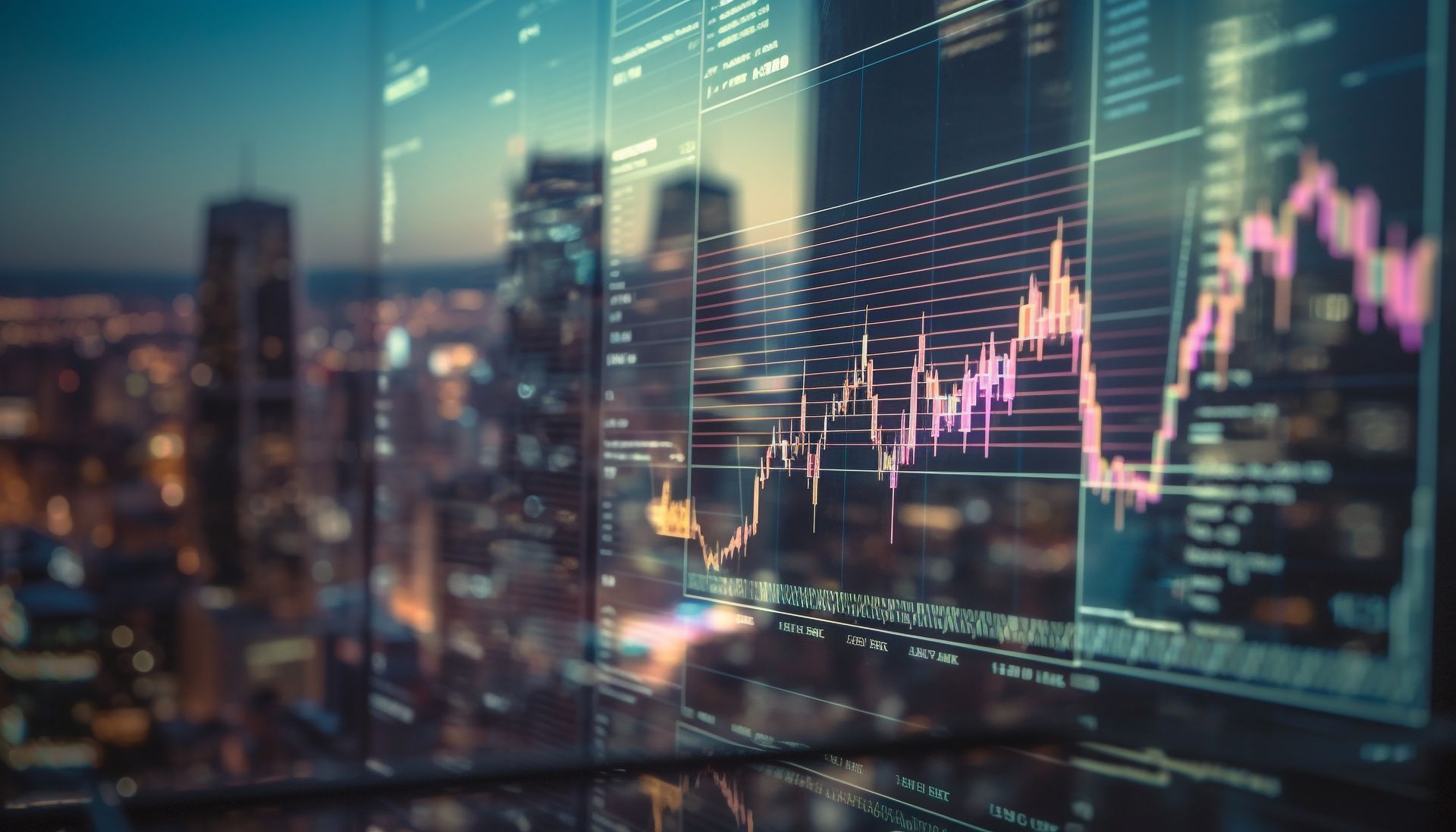 Stock market data chart overlaid on a city skyline at night, showing upward and downward trends in magenta and white.