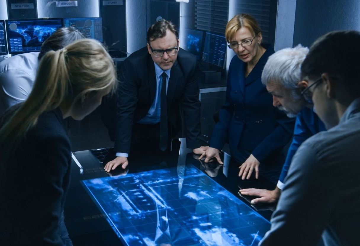 Group of people in a dark room around a glowing interactive table, looking at the display.