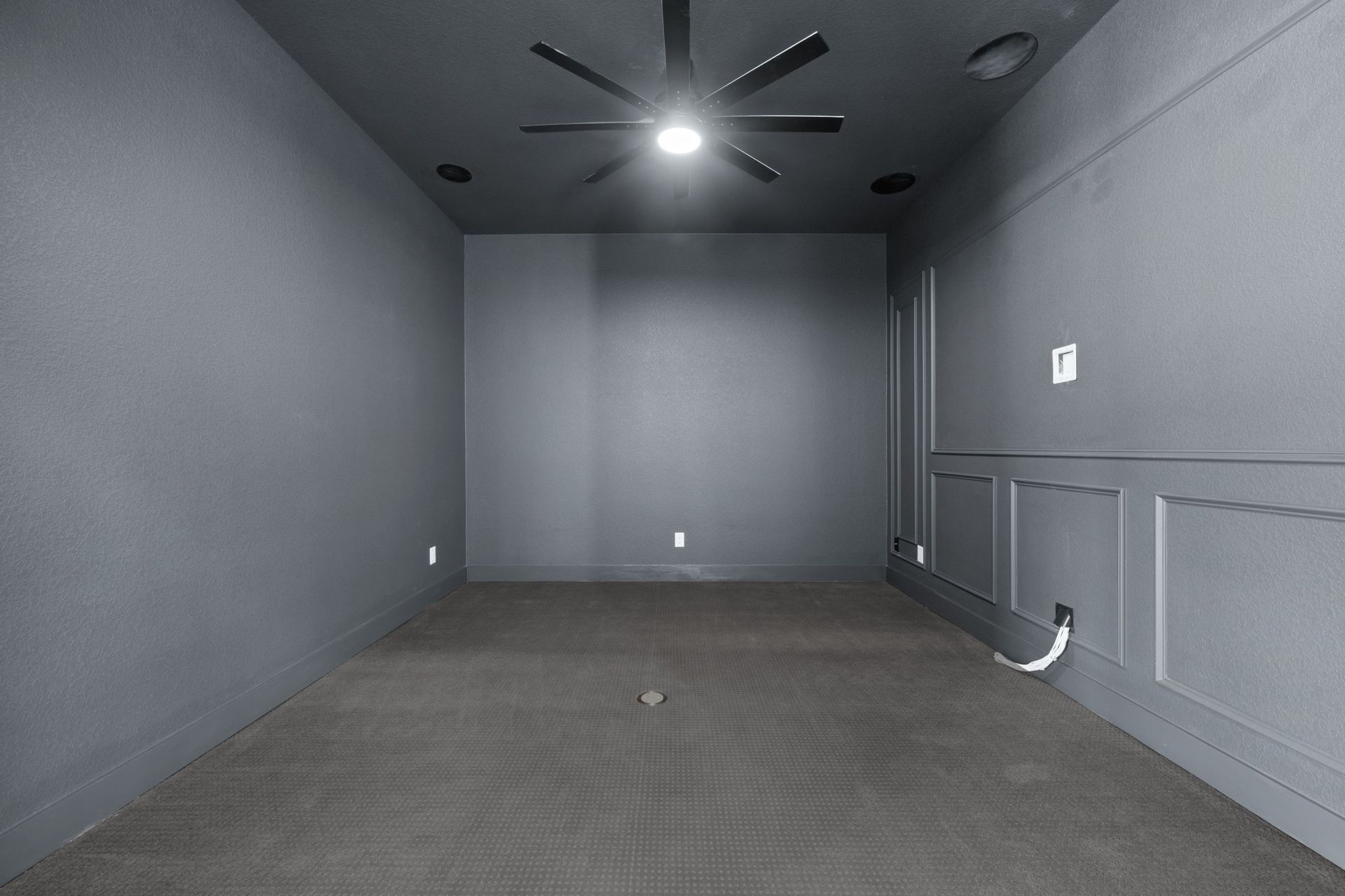 Empty gray room with carpet, recessed ceiling lights, and a wall-mounted railing on the right.